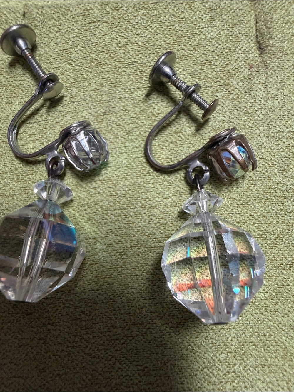 Clear Crystal Drop Screw-Back Earrings - Iridescent Accent